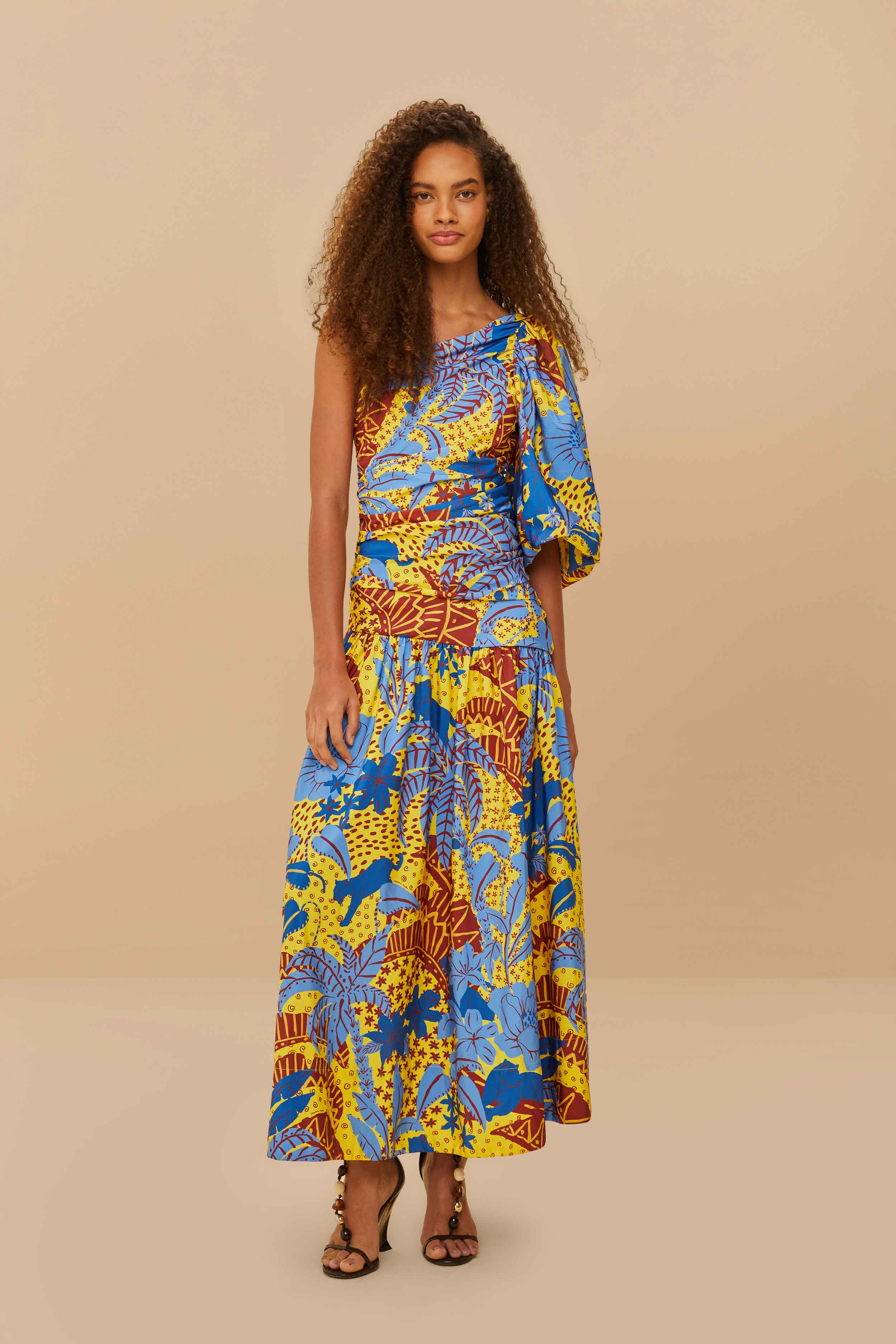 Yellow Jungle Panther One-Shoulder Midi Dress