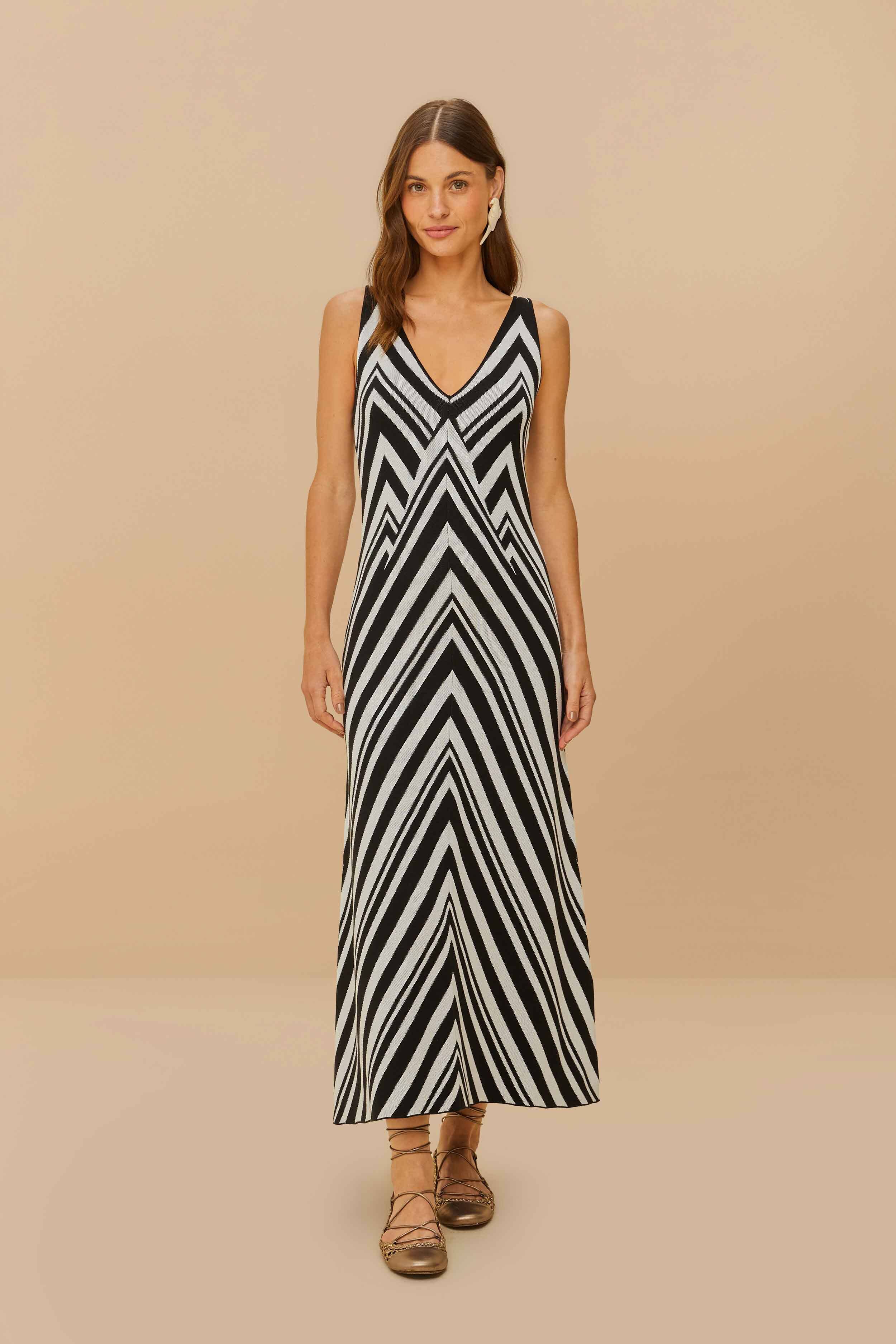 Black And White Stripes Knit Midi Dress