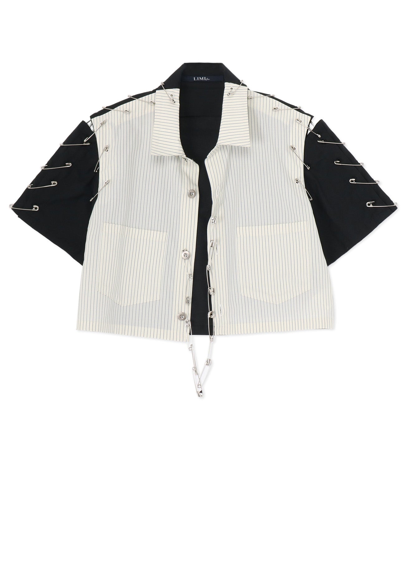 STRIPED SHORT SLEEVE LAWN BLOUSE WITH PIN